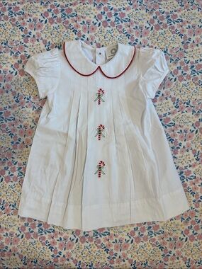 White Girls' Smocked Dress with Red Trim and Candy Cane Embroidery